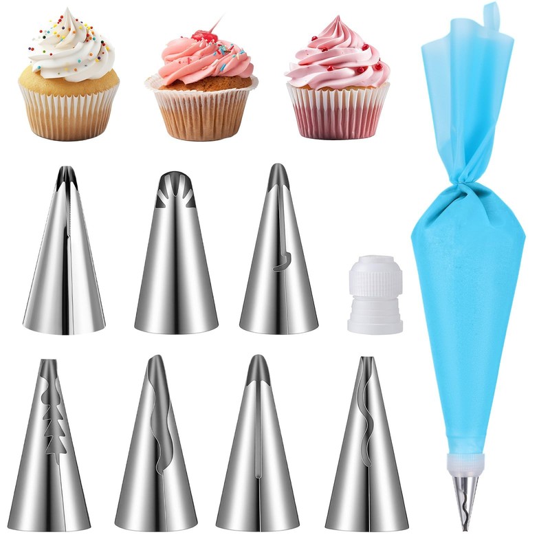9 Pcs Reusable Piping Bags and Tips Set Stainless Steel Ruffle Large Piping Tips