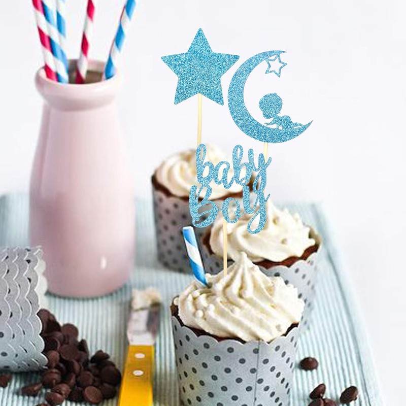 24 PCS Baby Shower Boy Cupcake Toppers with Moon Star Blue Glitter Cupcake Picks gallery