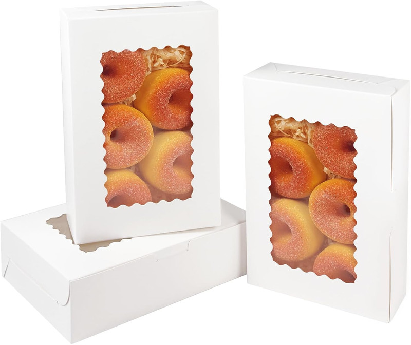qiqee 9x6x2.5 Inch White Cookie Box with Window 15Pcs Pastry Macaron Bakery Box