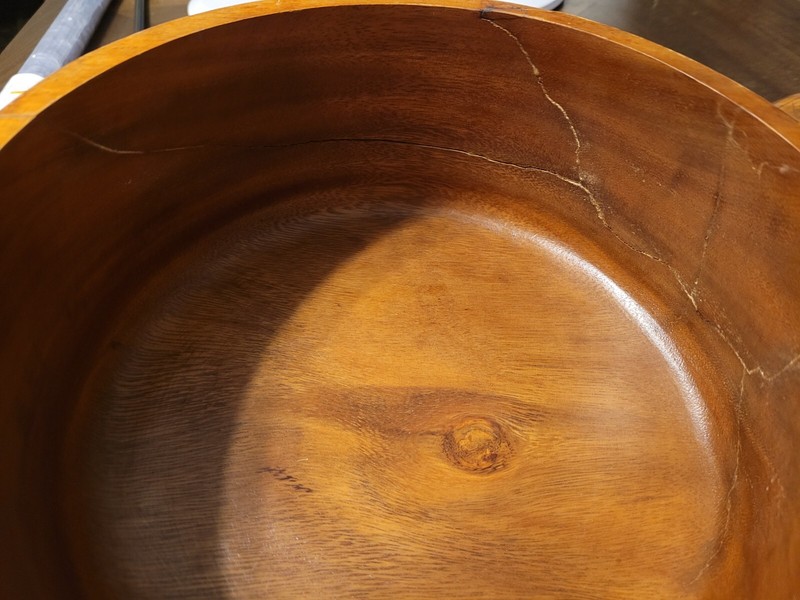 vintage wooden cake stand, hand carved with lazy susan, small Crack on lid gallery
