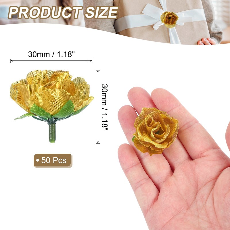 50Set 1.18 Inch Mini Artificial Rose Flower Heads Silk Bouquet Gold gallery