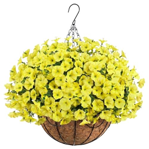 Artificial Hanging Flowers with Basket for Outdoors, UV Resistant Faux Yellow