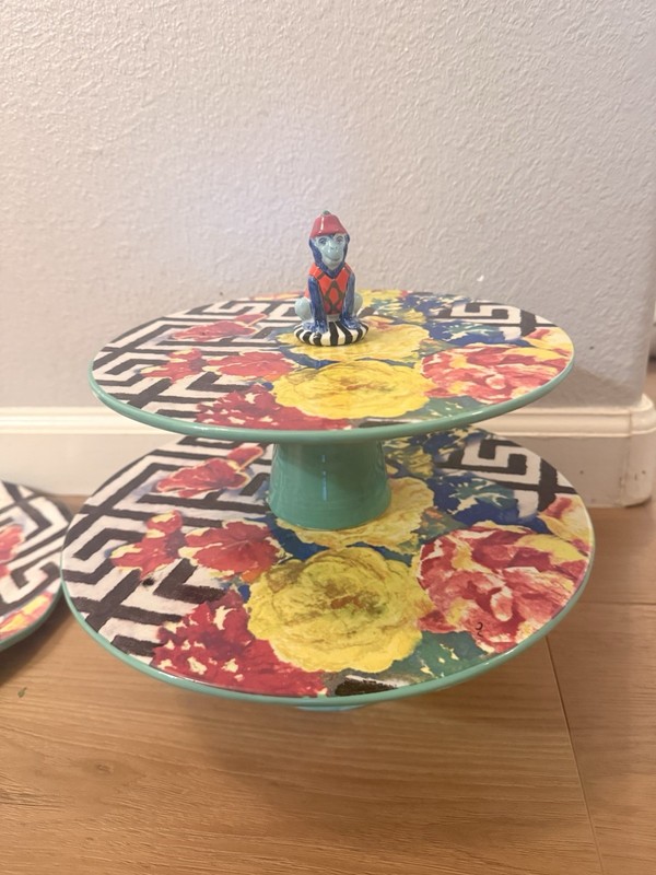 2-Tier Ceramic Round Floral Cake Stand, Multicolor, Glossy Finish