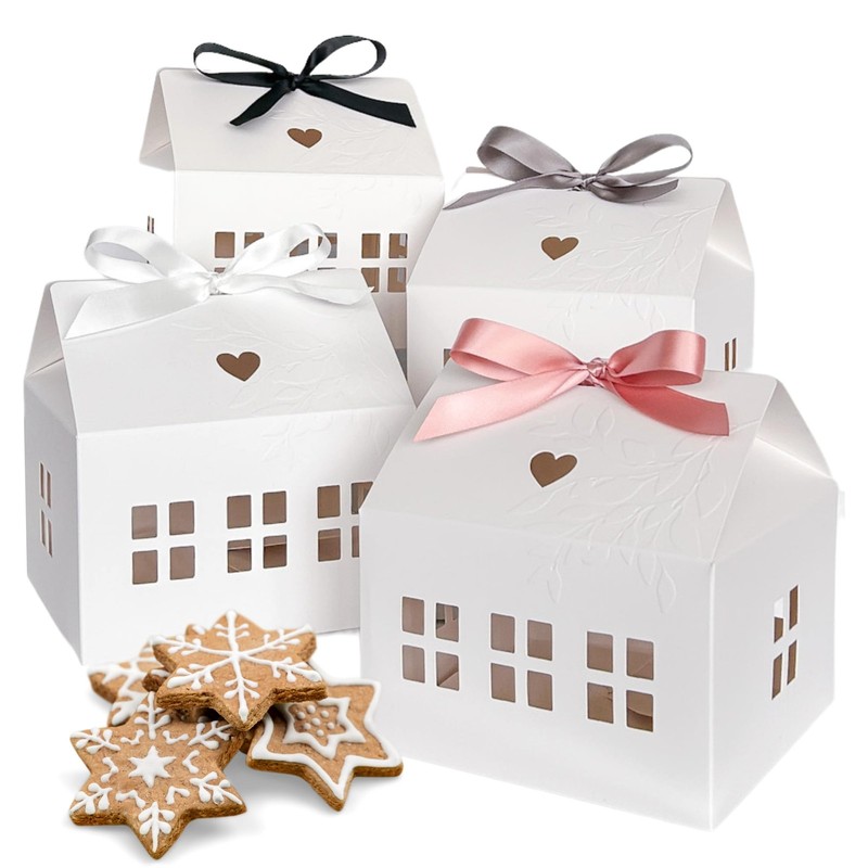 20 Pcs Classic House Shaped Gift Boxes with Neutral Ribbons for Treats, Desse…