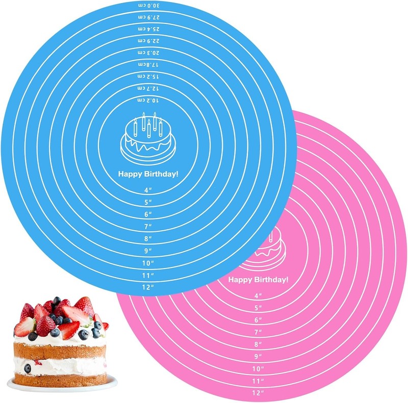 2 Pcs Silicone Cake Mat, 12 Inch Round Silicone Baking Mat with Measurements