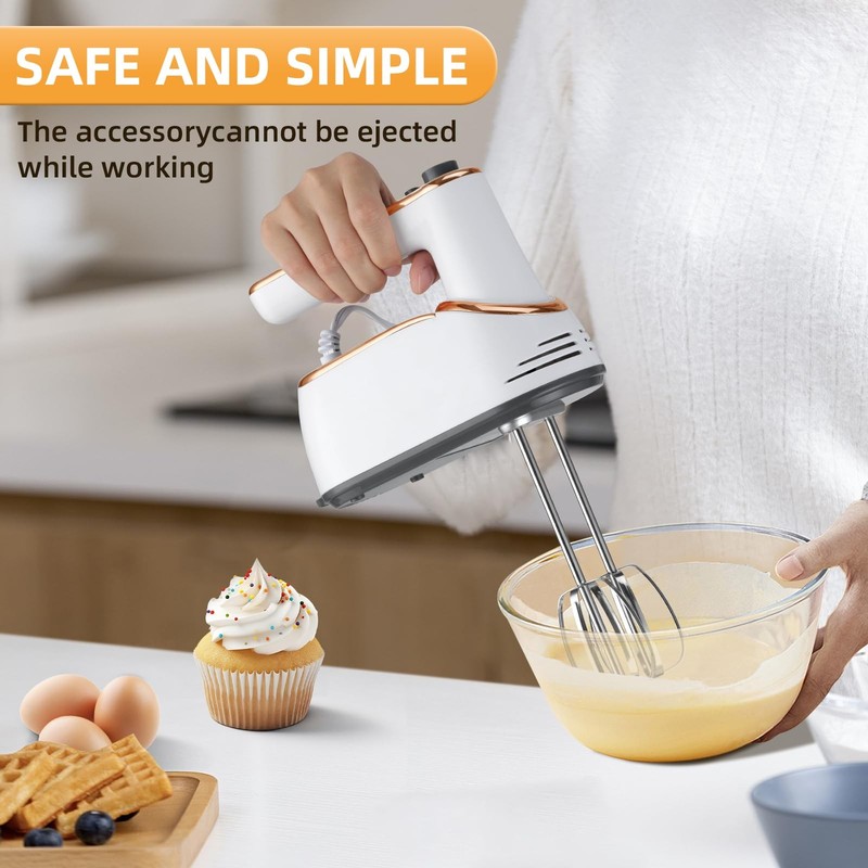 Hand Mixer, 5-Speed Electric with Turbo Boost, White, Copper Motor, 400W, Dis... gallery