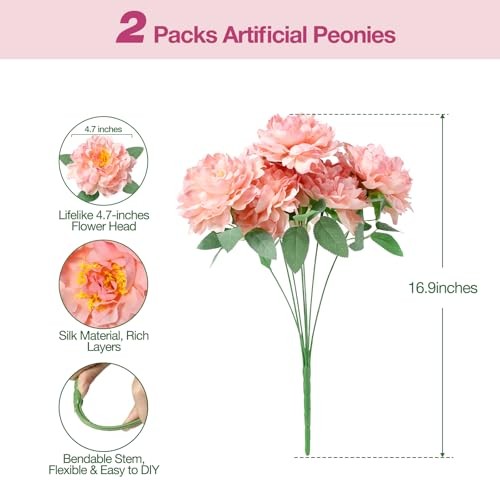 Peonies Artificial Flowers Bouquets of 7-Heads Silk Artificial 2 Coral Pink gallery