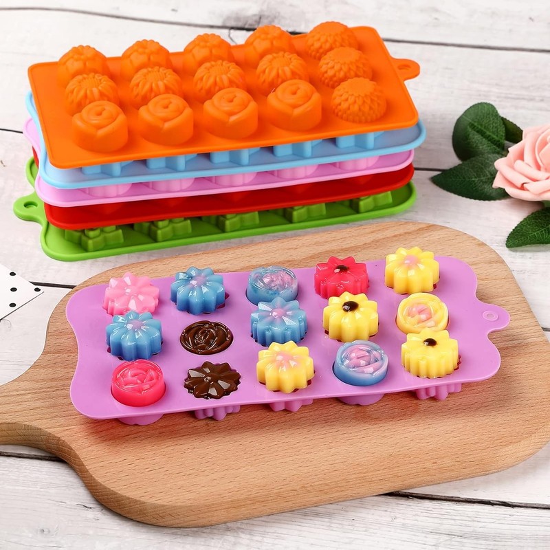 6pcs Flower Shape Silicone Candy Molds Heart Star Rose 15 Cavity Trays gallery