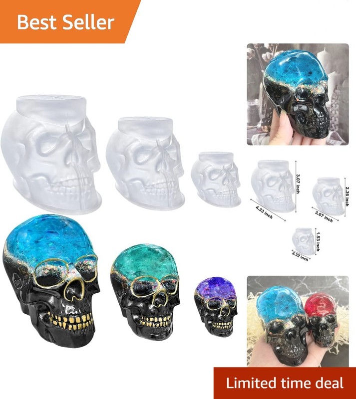 Set of Large + Medium + Small 3D Skull Resin Molds, Flexible Clear Silicone S…