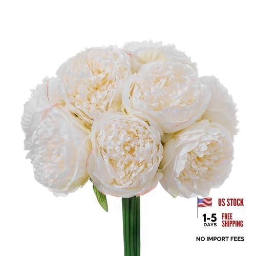 10PCS Realistic Silk Peonies Bouquet, Waterproof & UV Resistant Faux Off White