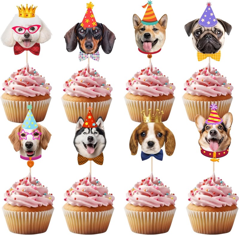 Pet Dog Cupcake Toppers, 24 PCS Pet Dogs Themed Birthday Party Supplies Cute