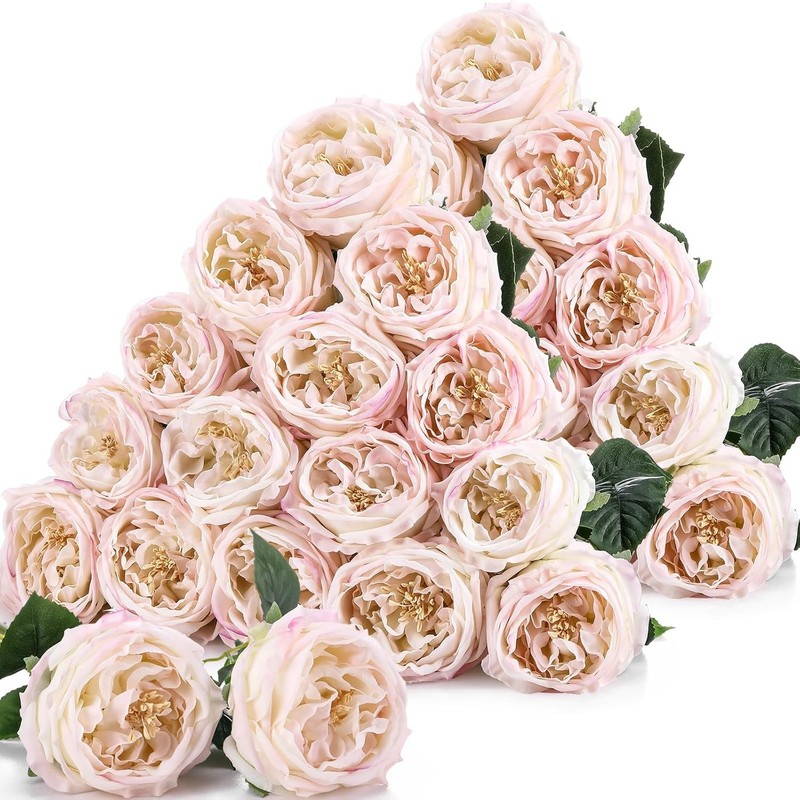 20 Pcs Real to Lifelike Peonies Austin Roses Artificial Flowers,
