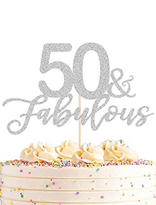 50 Fabulous Cake Topper, Premium Glitter Cardboard Cake Decoration for Silver gallery
