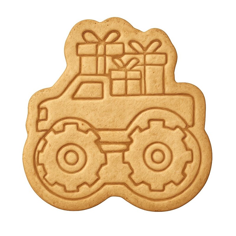 Gift-Laden Monster Truck Cookie Cutter & Stamp, Fondant & Clay – 3.9×4″