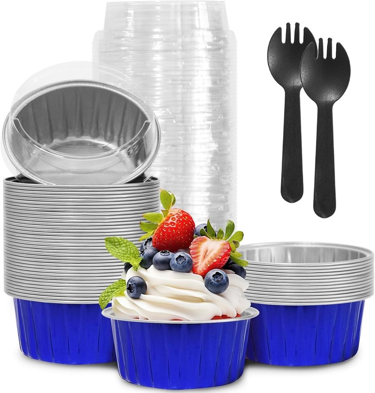 4th of July 50Pcs Mini Aluminum Foil Cupcake,5oz Baking Cups with Lids | Blue