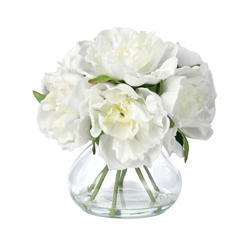 Peonies Artificial Flowers with Glass Vase, Silk Faux Peony Flower White