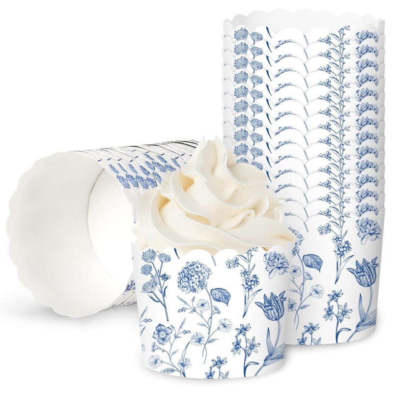 100 PCS Blue Floral Paper Baking Cups White Wildflower Cupcake Wrapper Muffin