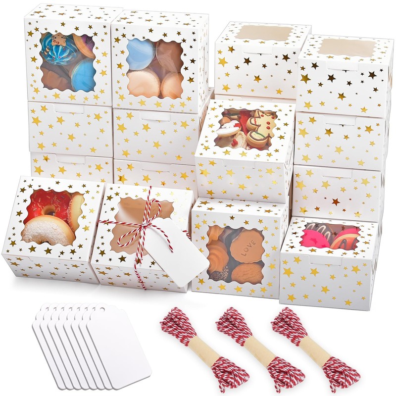 32Pcs 4x4x2.5 in Christmas Cookie Boxes with Window, White Bakery Boxes for C…