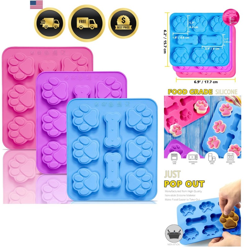 3 Pack Silicone Molds with Puppy Dog Paw and Bone Shaped 2 in 1, Reusable Non…