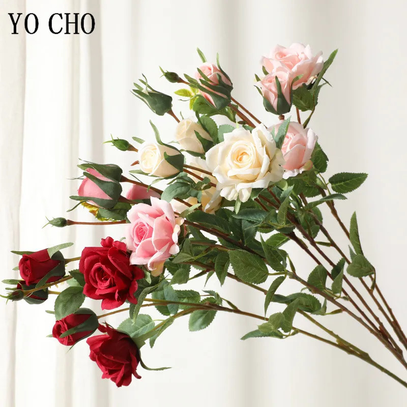Artificial Silk Rose Flowers High Quality Fake Flowers Long Branch 5 Heads Weddi gallery