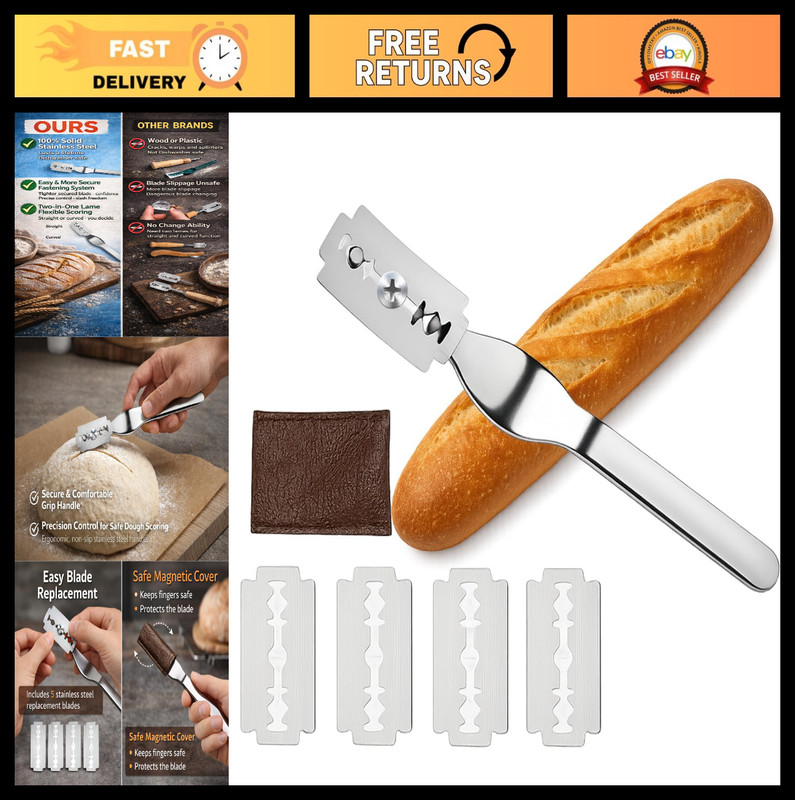 Premium Stainless Steel Bread Lame Scoring Tool with 5 Blades & Safety Cover – P