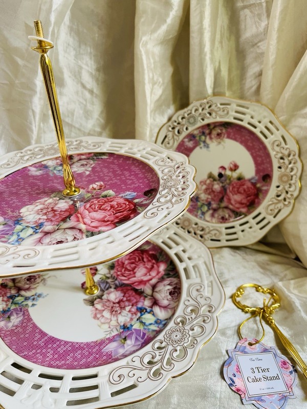Maison Blanc 3 Tier Cake Stand With Gold Handle Porcelain Plates Pink Roses gallery