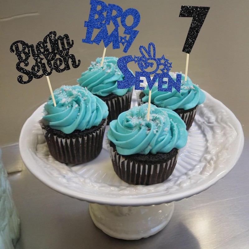 24Pcs Bro I'm 7 Cupcake Toppers Glitter Boy 7th Birthday Cupcake Pick gallery