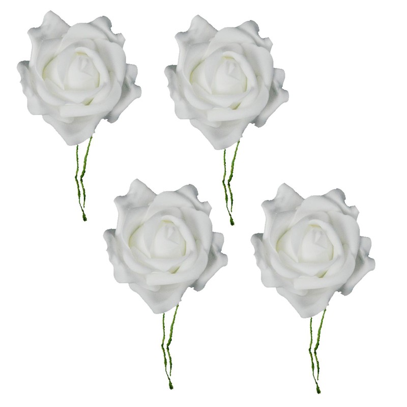 4 Pack 8cm Artificial Foam Rose with Wired Stem – White