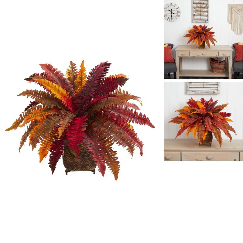 Nearly Natural Autumn Boston Fern Artificial Plant In Metal Planter 8539