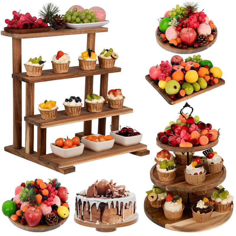 6 Pcs Acacia Cake Stand Set, Wood Dessert Table Display Set,1 Pcs 3 Tire Cupc…