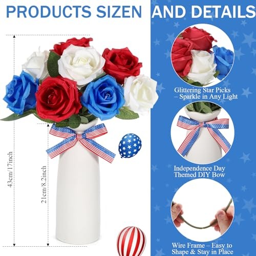 2 Sets 4th of July Artificial Flowers and Vase Red Blue White Patriotic Rose gallery