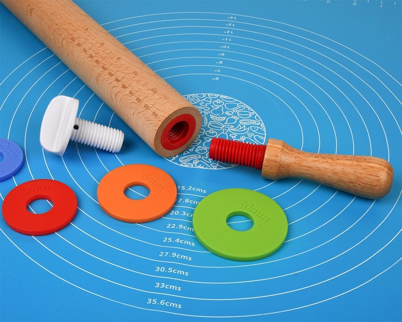 Rolling Pin with 4 Adjustable Thickness Rings and Long Handle 13.6 Inch Woode... gallery