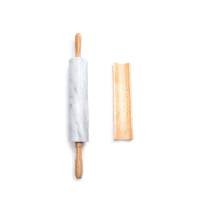 2pc Marble Rolling Pin and Base with Wood Handles