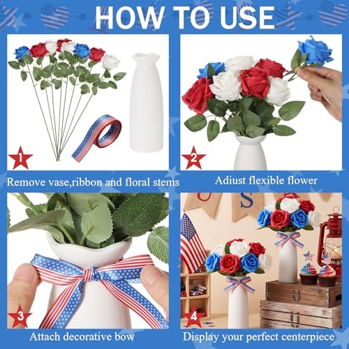 2 Sets 4th of July Artificial Flowers and Vase Red Blue White Patriotic Rose gallery