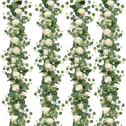 Artificial Eucalyptus Flower Garland with Rose Flowers | Faux Rose 4PCS White gallery