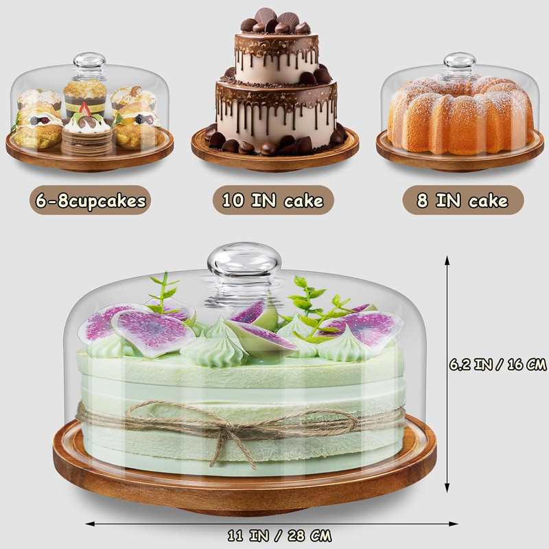 11IN Wood Cake Stand with Dome Lid, Rotating Cake Stand with Glass Dome- Cake Pl gallery