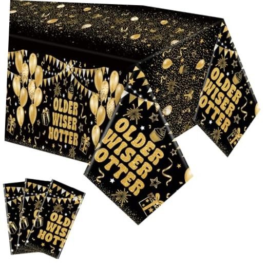 3 Pcs Happy Birthday Tablecloth Plastic Older Wiser Hotter Black, Gold