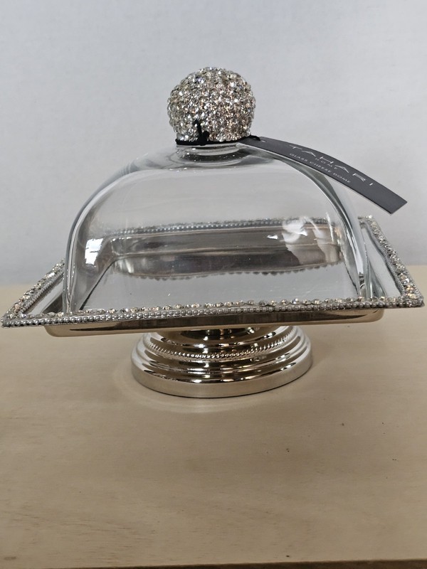 Tahari Home Bling Crystal GLASS Cheese DOME Server 7.5″ Square