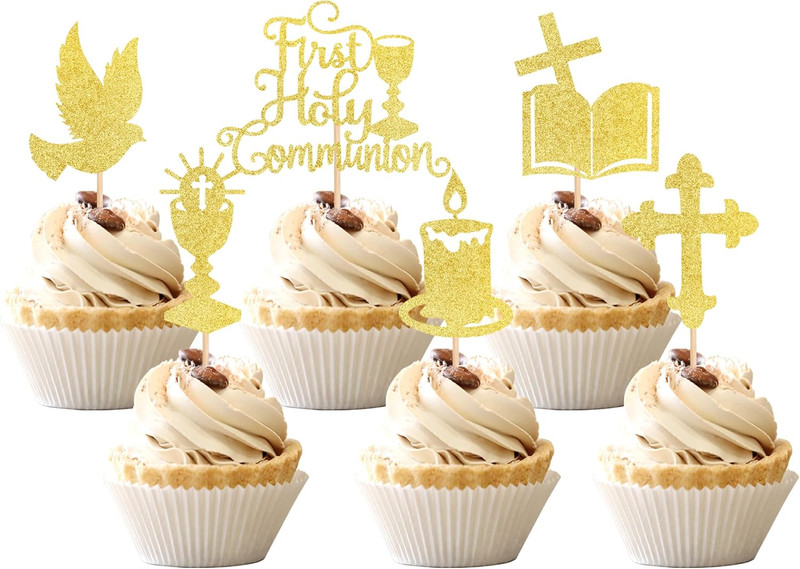 36 PCS First Holy Communion Cupcake Toppers Glitter Dove Cross God Bless Cupcake gallery