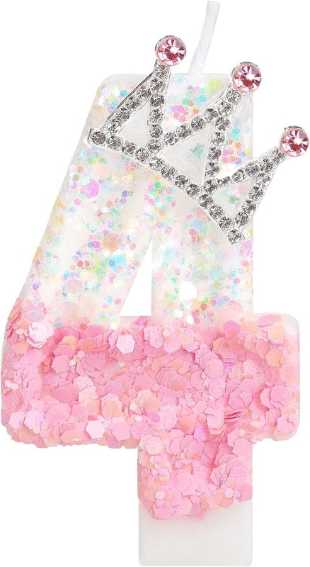 Crown Number 4 Candle Cake Topper, Pink Crown 4th Birthday Decorations Girl,