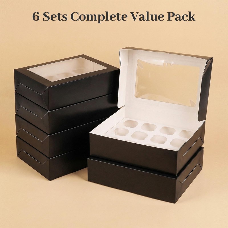 12 Count Cupcake Boxes Containers Window Black Pastry Bakery Supplies 6 PCS gallery