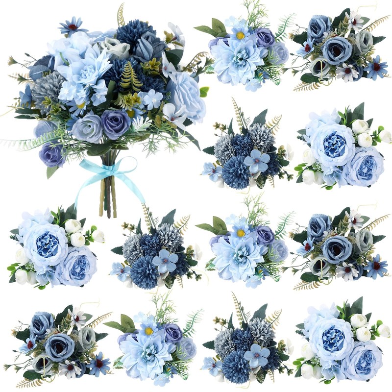 Zeyune 12 Bundles Gradient Blue Artificial Flowers Peonies Silk Dahlia Faux