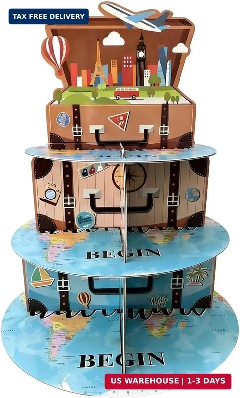 3 Tiers Travel Themed Cupcake Stand Treat Display Cake Holder for Adventure Awai