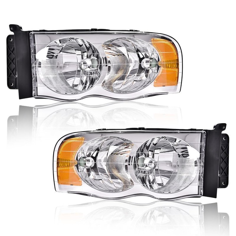 Headlamps For 2002-2005 Dodge Ram 1500-3500 Clear Lens Chrome Amber Reflector
