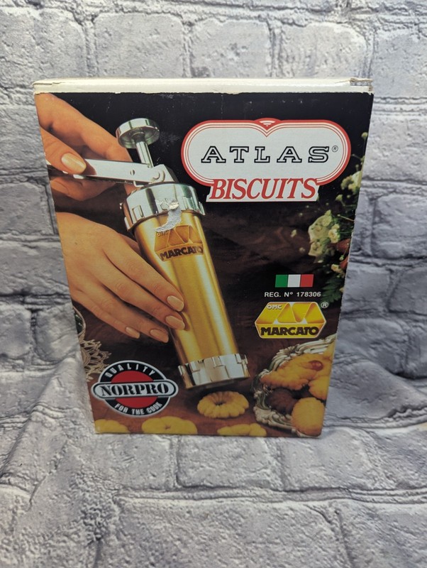 Marcato Atlas Biscuits Cookie Press 4 Tips and 20 Discs Still In Box VTG