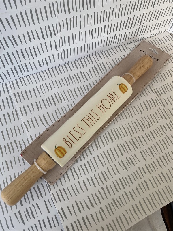 New Rae Dunn Rolling Pin 15″ Fall Season Pumpkins Bless This Home Wood Handles