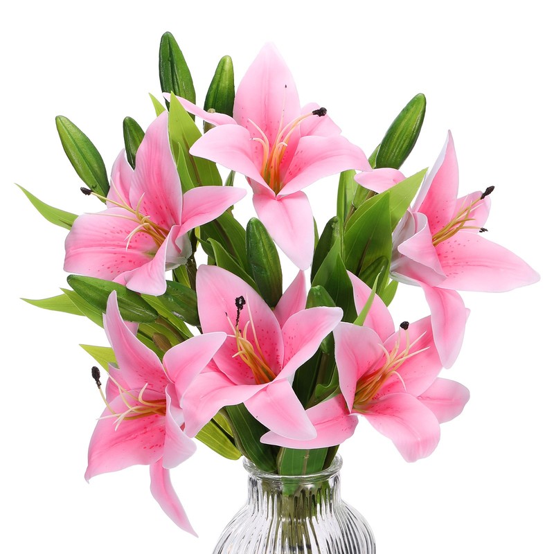 Lily Fake Flowers, 6PCS Lily Artificial Flowers Faux Flowers Home Decor, Pink