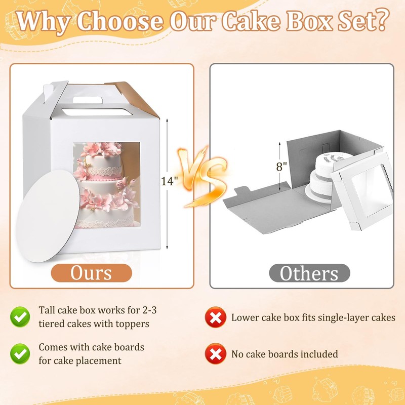 3 Pack Tall Cake Box for Tier Cake with Cake Board, 12 x 12 x 14 Inch Large T... gallery