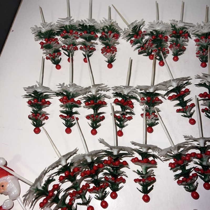 Vintage Christmas Cupcake Pick Lot Of 56! Baking Decorations Santa Claus & Trees gallery