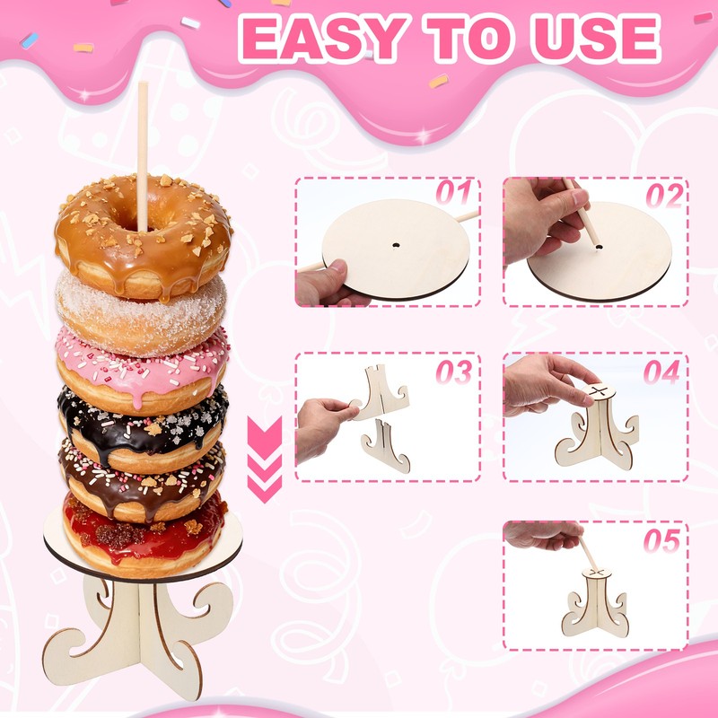 4 Pcs Wood Donut Stands Circle with Bracket for Dessert Table, Natural gallery
